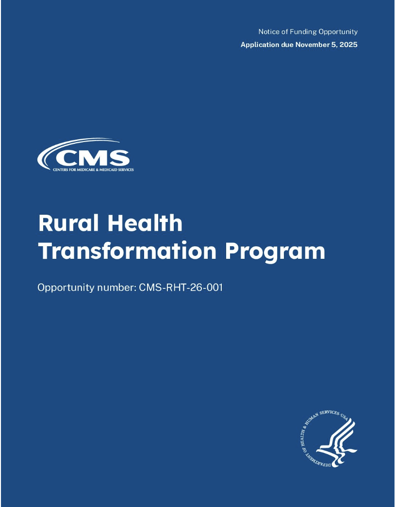 screen capture of the blue cover of the notice of funding opportunity for the rural health transformation program