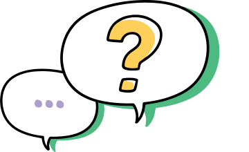 Two speech bubbles: a small one with three purple dots and a larger one with a yellow question mark. Both have drop shadows, conveying dialogue or inquiry.