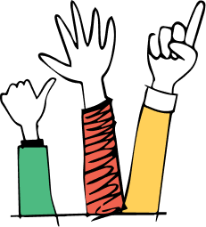 Three cartoon hands raised, each in different colored sleeves—green, red, and yellow. One has a thumbs up, another is open, and the third points upward.
