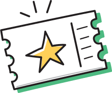 Illustration of a ticket with a yellow star in the center. The ticket has jagged edges, a green shadow, and three lines above it, suggesting excitement.