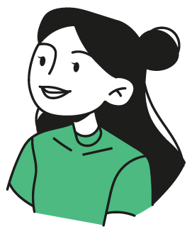 Illustration of a smiling woman with dark hair in a ponytail, wearing a green shirt; her cheerful expression conveys warmth and friendliness.